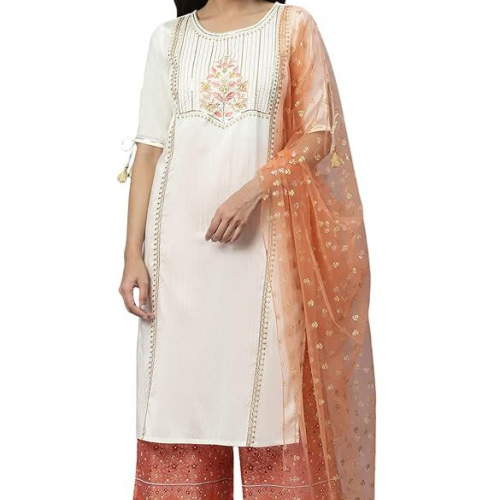 Aurelia Women's Solid Viscose Kurta Set with Palazzo & Dupatta