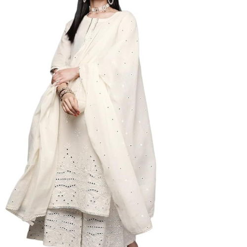 Libas Women Embroidered Cotton Straight Kurta & Palazzo With Dupatta