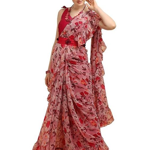 Womanista Women's Poly Georgette Ruffle Saree