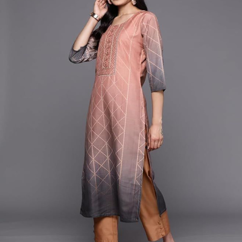 ibas Peach Yoke Design Silk Blend Straight Kurta With Trousers & Dupatta