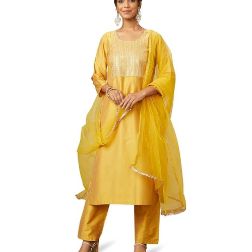 Myx Women's Embroidered Kurta Pant Set with Mesh Dupatta | Viscose,Rayon
