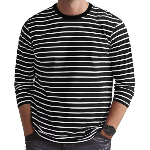 Zengjo Men's Casual Cotton Spandex Striped Crewneck Long-Sleeve T-Shirt