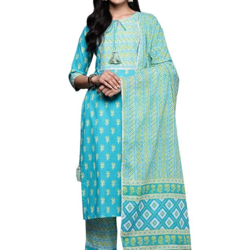 Libas Women's Printed Cotton Straight Kurta Trouser With Dupatta Set
