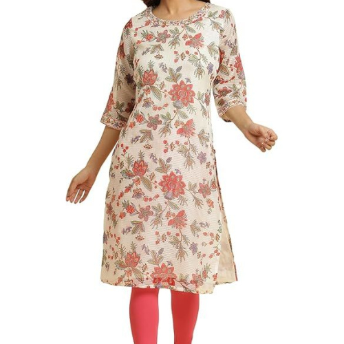 W for Woman Women's Cotton Relaxed Fit Casual Ecru Kota Kurta with Floral Print