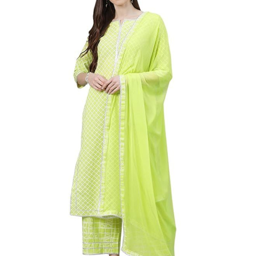 Libas Women's Printed Cotton Straight Kurta With Palazzos & Dupatta