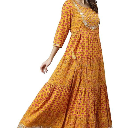 Janasya Women's Mustard Cotton Floral Print Flared Kurta