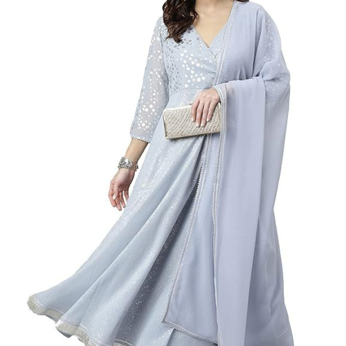 Janasya Women's Grey Georgette Foil Print Kurta with Dupatta