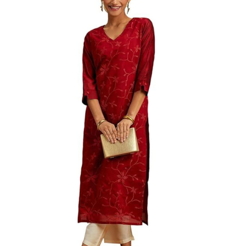 Libas Women's Embroidered Chanderi Silk Straight Kurta