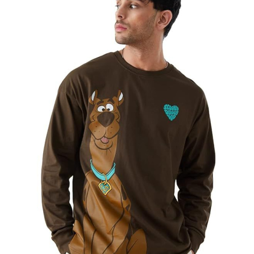 The Souled Store Men Official Scooby Doo: Scooby Love Brown Printed Oversized Full Sleeve T-Shirts